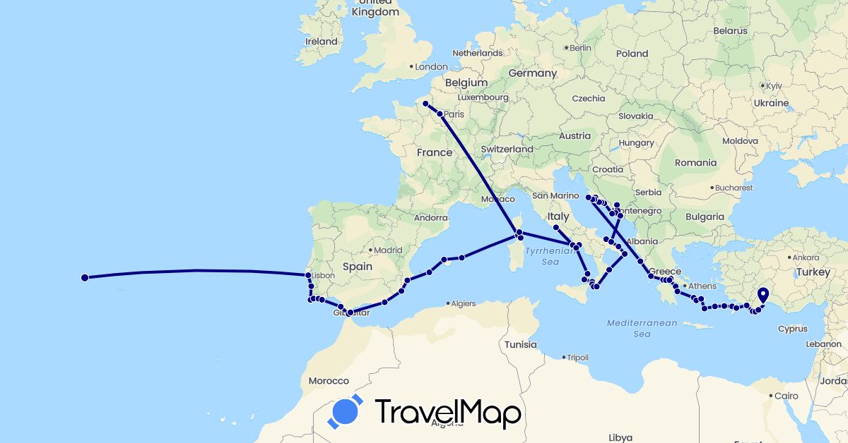 TravelMap itinerary: driving in Bosnia and Herzegovina, Spain, France, Greece, Croatia, Italy, Portugal, Turkey (Asia, Europe)