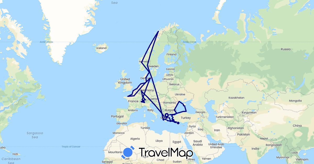 TravelMap itinerary: driving in Bulgaria, Switzerland, Germany, Denmark, France, Greece, Liechtenstein, Netherlands, Norway, Sweden, Turkey, Ukraine (Asia, Europe)